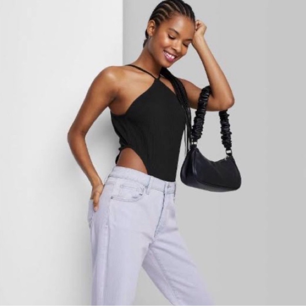 Wild Fable Black Ribbed High Neck & Leg Bodysuit